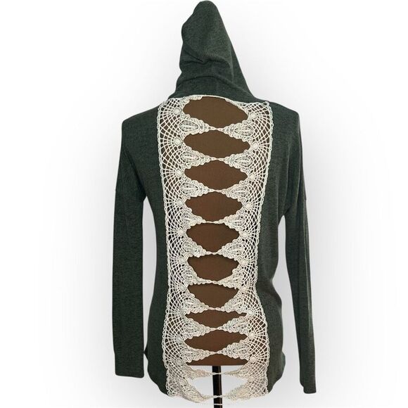 Windsor Heathered Forest Green Crochet Open Back Sweater Hoodie, Women’s Small - Picture 3 of 8